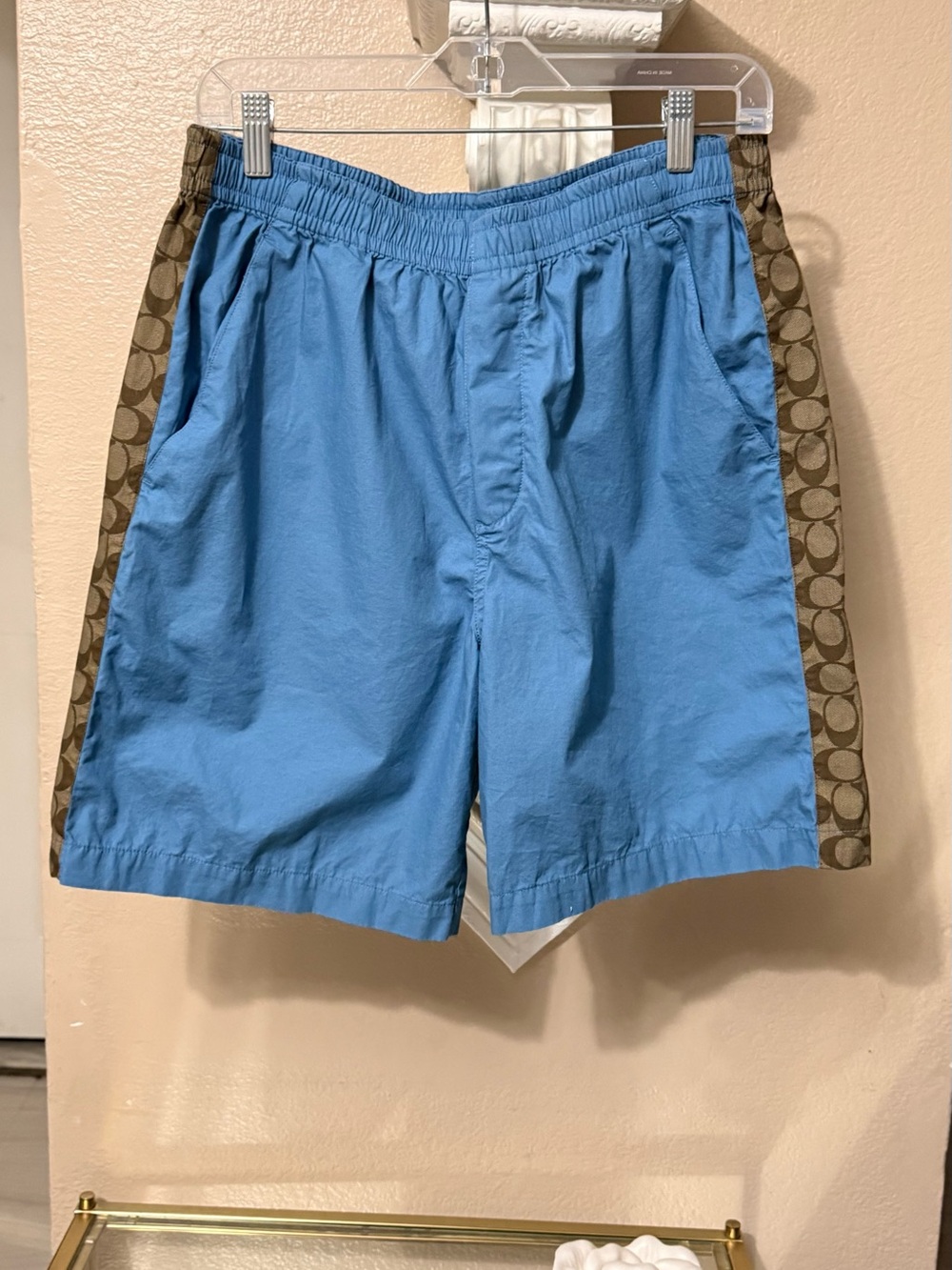 Coach Men’s Light Blue  Shorts with Brown Signature Side Panels